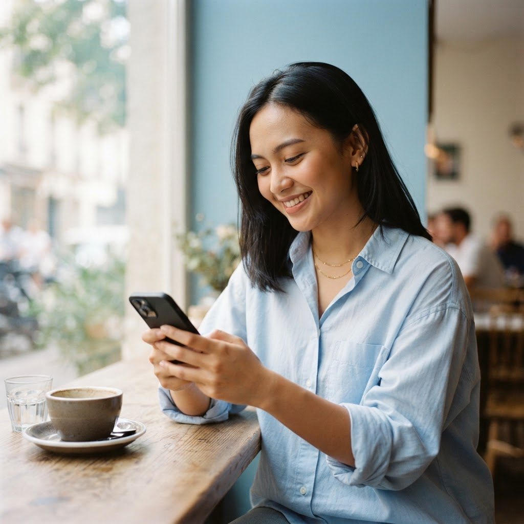 A customer enjoying a helpful conversation on her phone